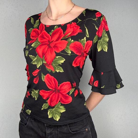 Black floral print ruffle sleeve red flowered boho work - Picture 2 of 8